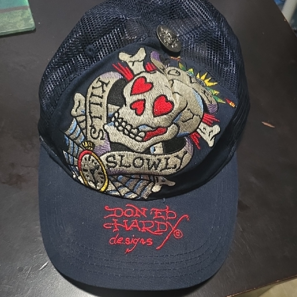 Ed Hardy Blue and Red Skull Graphic Hat